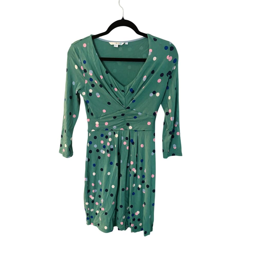 Boden Green Polka Dot V-Neck Dress 3/4 Sleeve Size 2R